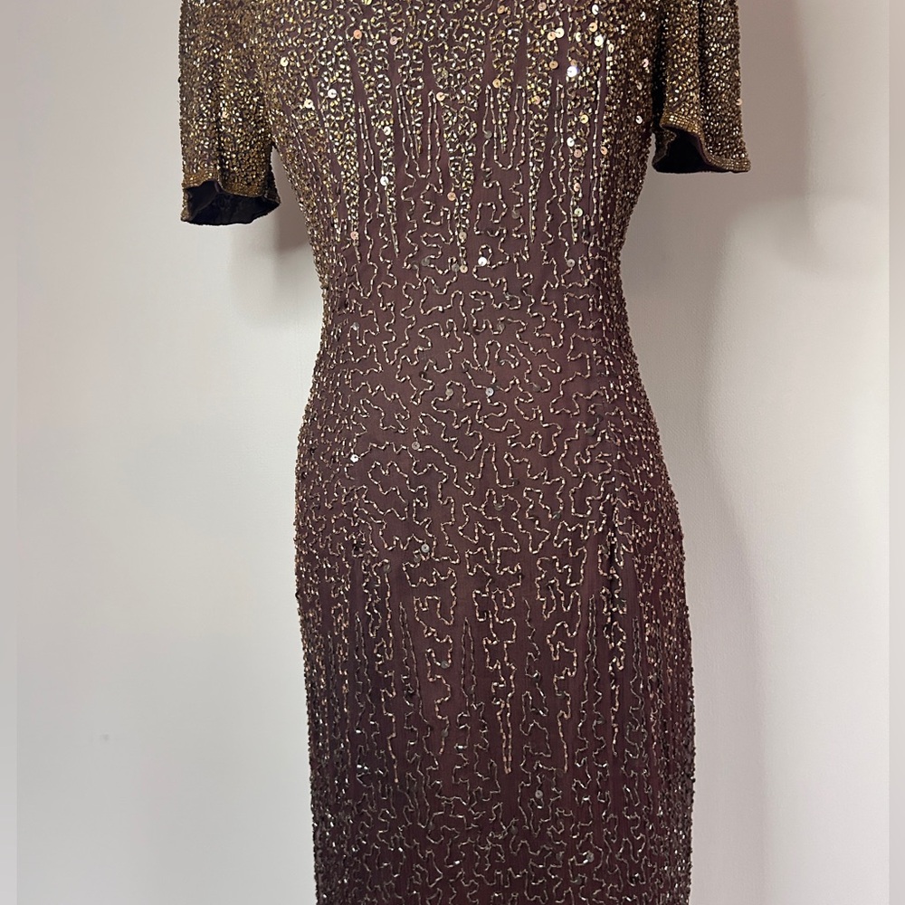 VINTAGE STENAY Silk Brown Bead Gown Art Deco Hollywood Glam Formal Maxi Dress 2 - Picture 5 of 13